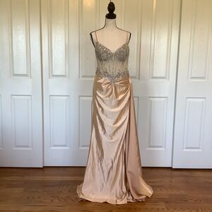 Champagne Satin Corset Gown Rhinestone Sheer Bodice Formal Dress Size 12 NWOT